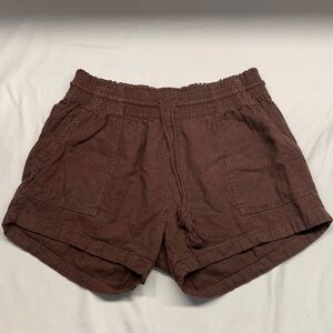 Suzy Shier Linen Blend Shorts Wide Elastic Waist Size Medium Brown